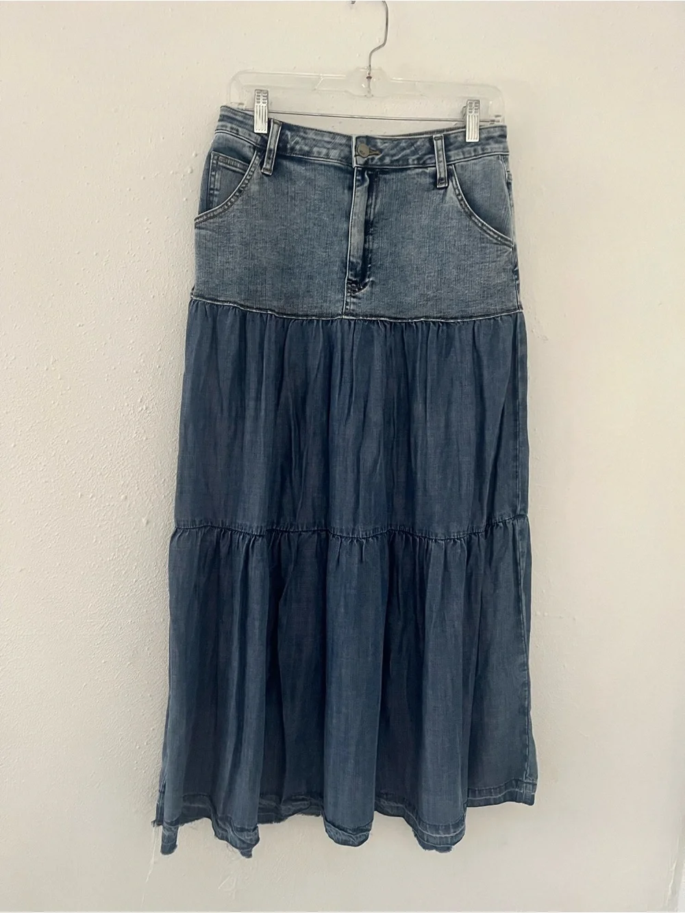 Wash Lab Denim Tiered Maxi Skirt in Washed Blue